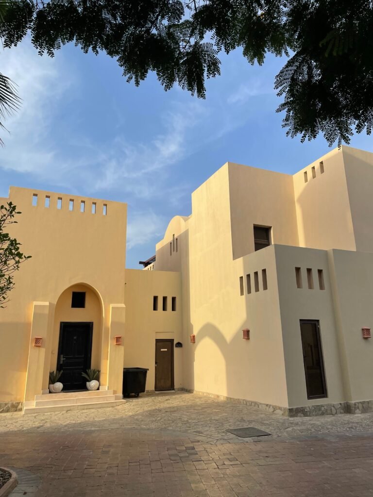 Bright view of a modern Middle Eastern style building under clear blue sky.